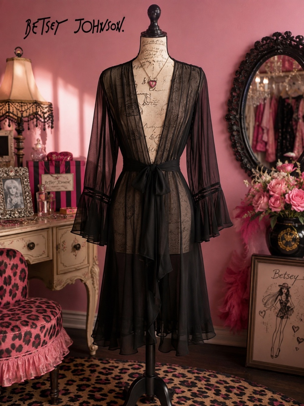 Vintage Betsey Johnson Black Sheer Tie-Waist Robe